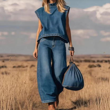 Women's Vintage Western Faux Suede Vest Top Two Piece Set Solid Crew Neck Sleeveless Loose T-Shirt With Wide Leg Pants...