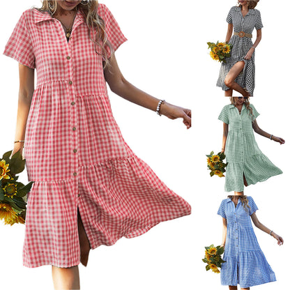 2026 Women's Checkered Short-Sleeve Shirtdress Single-breasted Button-down Short-sleeved Dress Casual Country-style Long...