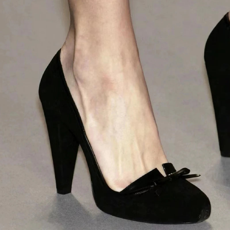 Black Vintage Bow Pumps Spike High Heels Round Toe Suede Upper Unique Elegant Women Summer Slip On Casual Office Lady Shoes