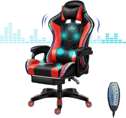 RGB Gaming Chair Ergonomic Massage High Back with Speakers And LED Light 90°-135° Adjustable PU Leather for Video Game E-Sport