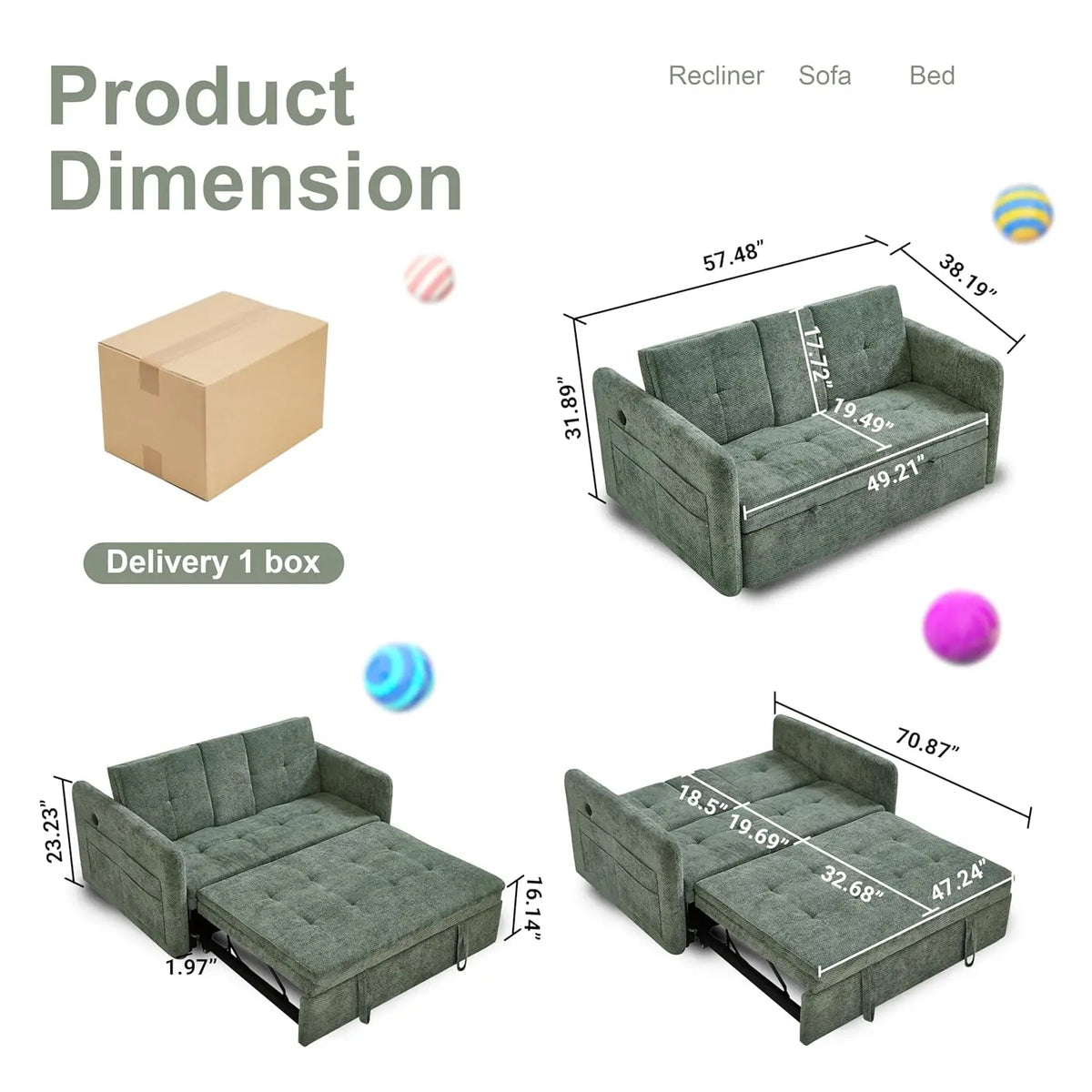 57.48" Convertible Sofa Bed with Cup Holder, Pull Out Sleeper Sofa Bed with USB Charging Ports, 3 in 1 Convertible, Customized
