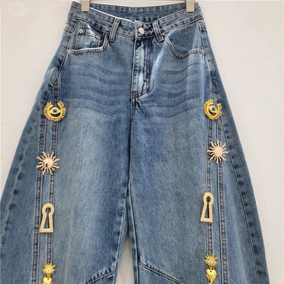 2026 Spring New Metal Buckle Decorated Mid-Waist Wide-Leg Jeans Women Washed Scimitar Pants Casual Versatile Long Pants Female - Kimlud