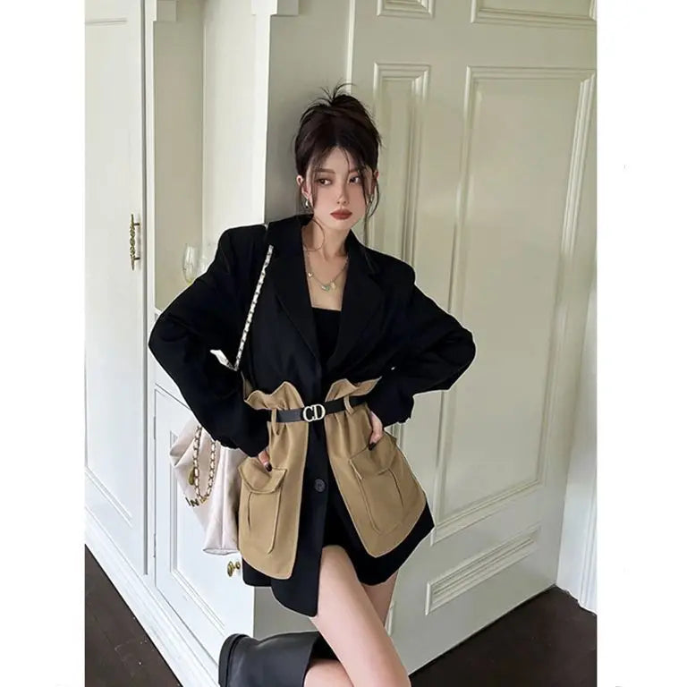 Original Design Blazer Women Fashion New Loose Spliced Pocket Korean Shrug Notched Single Breasted Blazer Mujer Femal...