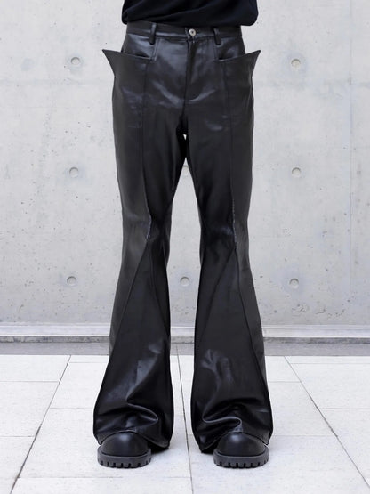 Mauroicardi Autumn Long Black Waterproof Hard Pu Leather Flare Pants Men Cool Luxury Designer Clothes Streetwear Runway Fashion