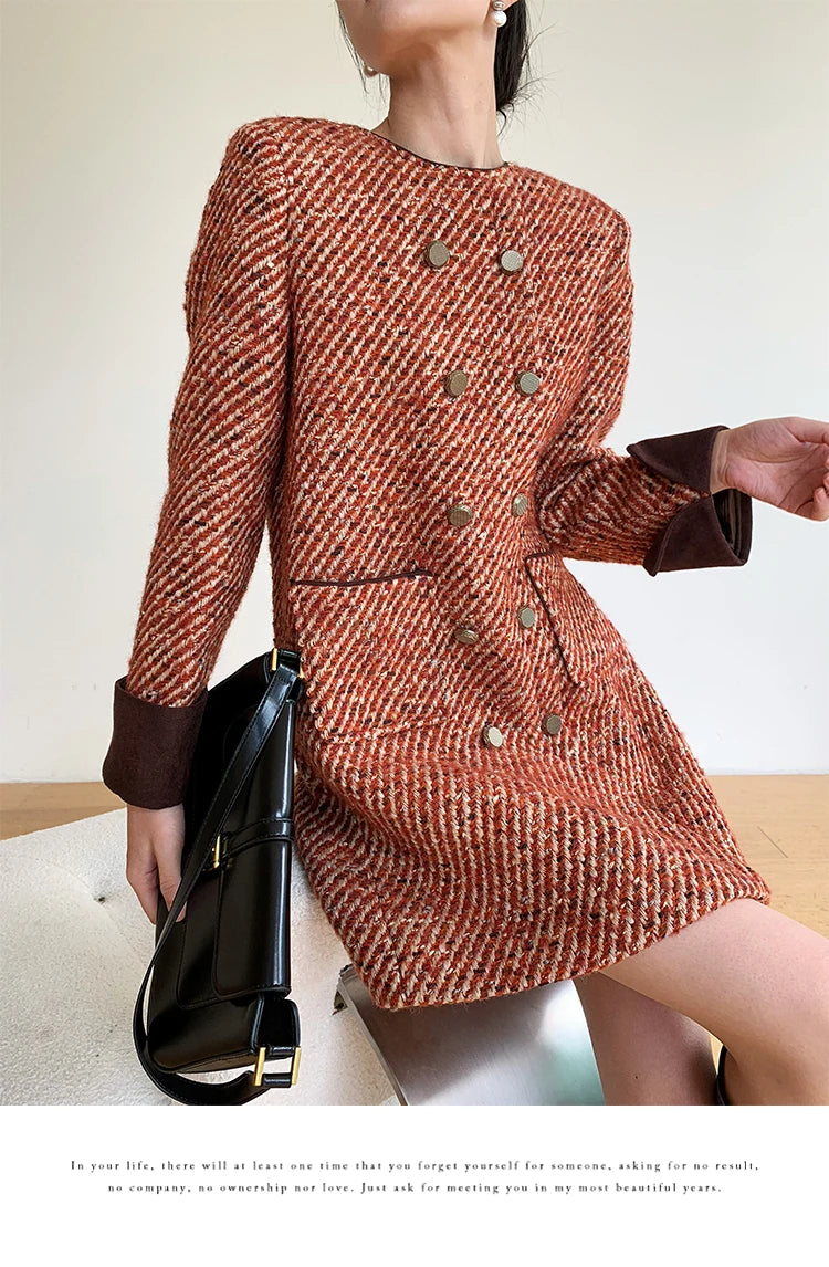 Skirt Women's Autumn and Winter French Retro Style Socialite Wool Tweed Dress dresses | Kimlud Office Premium Dress
