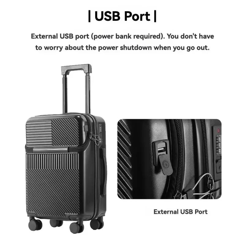 Front Opening Pocket Suitcase Travel Rolling Luggage Aluminum Alloy Trolley ABS+PC Case Bag with Spinner Wheel USB Charging Port