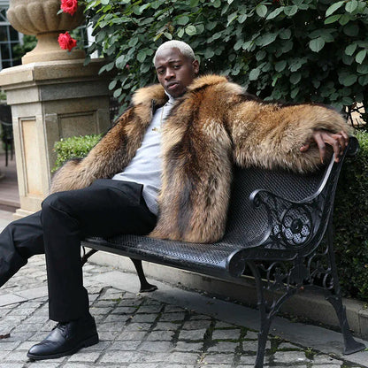 JANEFUR Men's Winter Raccoon Coat Thick Collar Warm Coat Real Raccoon Fur Coat Luxury Fashion