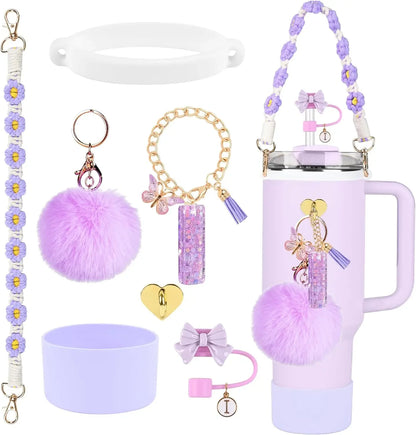 7PCS Accessories Set for Stanley Cup Purple Straw Topper Cup Boot Water Bottle Handle Strap Letter Charms 40oz 30oz Tumbler