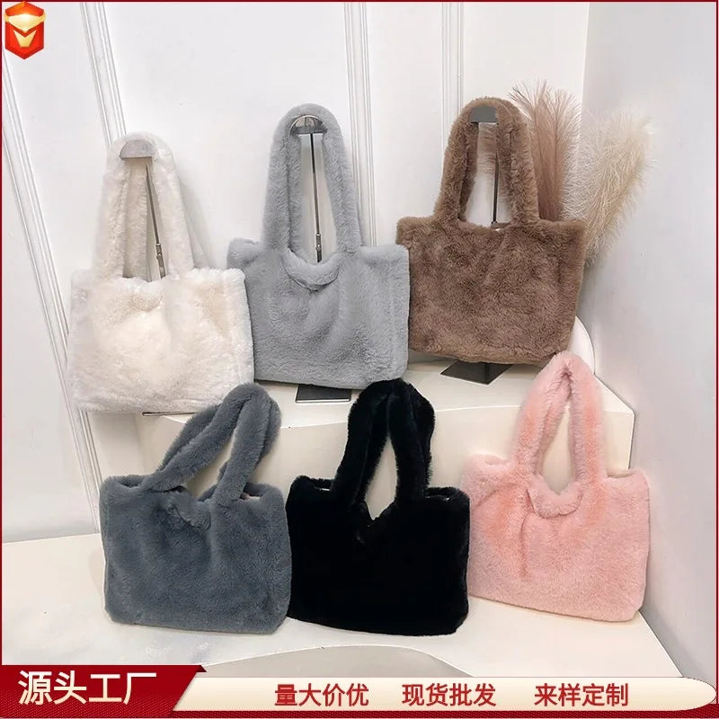 Women Versatile Cute Soft Plush Tote Bag Autumn Winter Faux Fur Shoulder Bag Purses Female Handbags Fluffy Shopper Bag