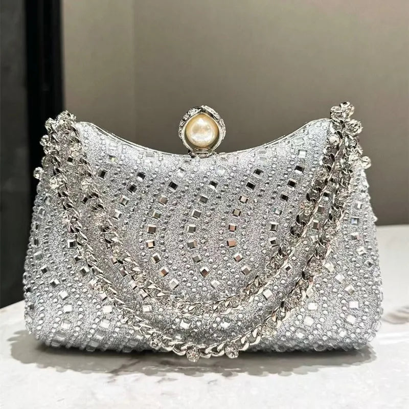 Fine Rhinestone Diamond Inlay Dinner Evening Bag Retro Luxury Gold Silver Blue Small Clutch for Women Wedding Party...