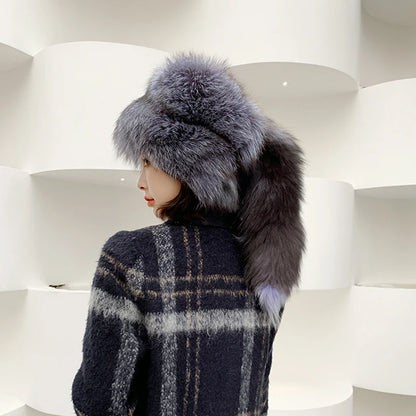 Natural Fox Fur Russian Hat Ushanka Women Winter Warm Fluffy Popular Style Female Tail Cap Fashion Real Fur Hats