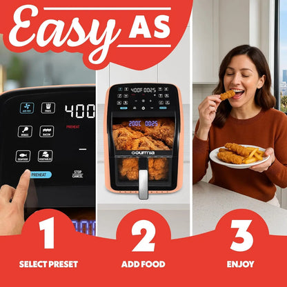 7 QT Air Fryer with Panoramic Window, Interior Light, 12 Presets & Dishwasher Safe Accessories in Peach