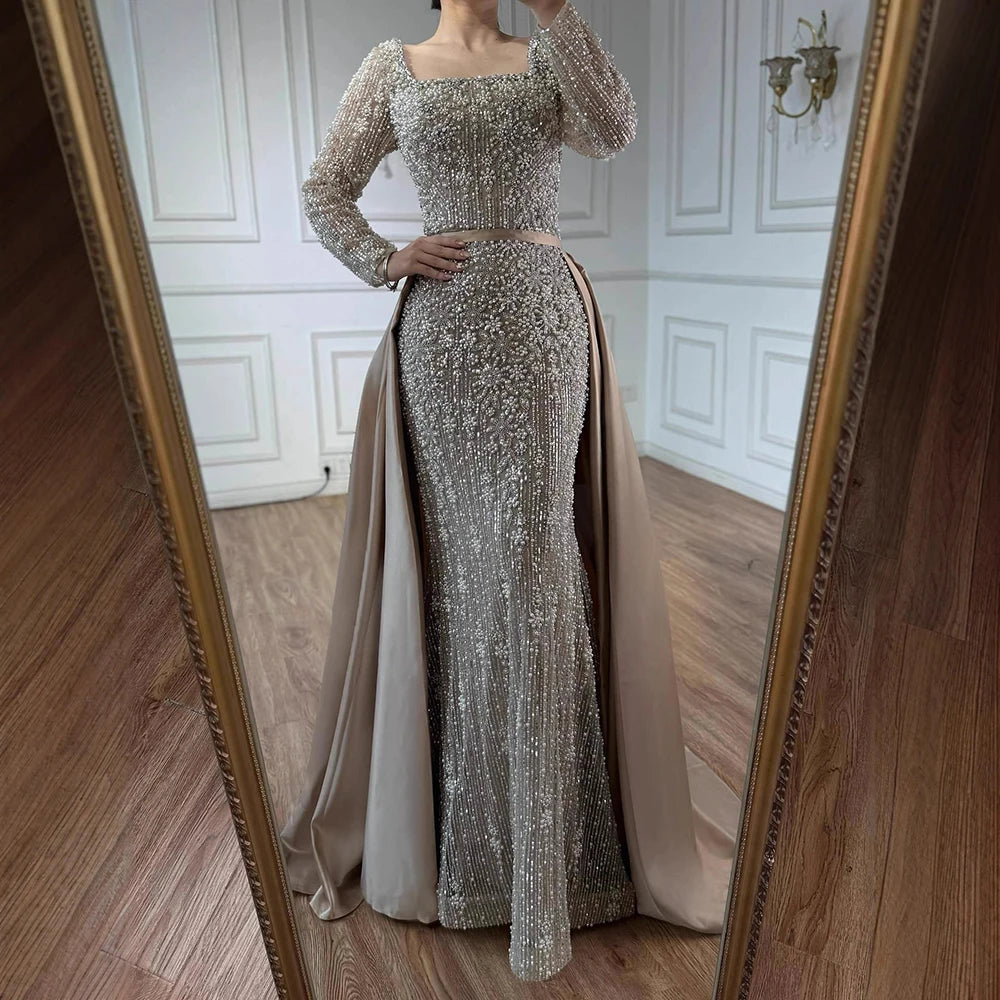 Serene Hill Customized Arabic Caramel Mermaid With Overskirt Beaded Evening Dresses Luxury Gowns For Formal Occasion...