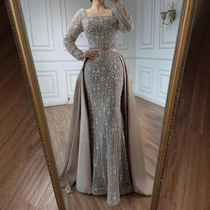 Serene Hill Customized Arabic Caramel Mermaid With Overskirt Beaded Evening Dresses Luxury Gowns For Formal Occasion...