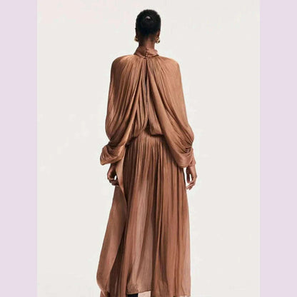 Spring 2025 women's vintage satin lanterny-sleeved sexy long dress with a leaky back, fashionable drape loose pleated skirt