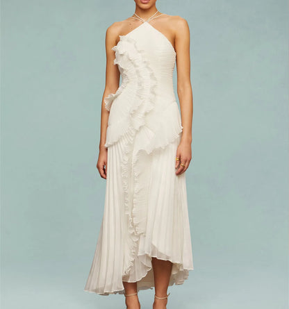 Elegant Women Ruffle Pleated Long Dress Fashion Sleeveless Halter Irregular Tiered Pleated Flowy Maxi Dresses for...