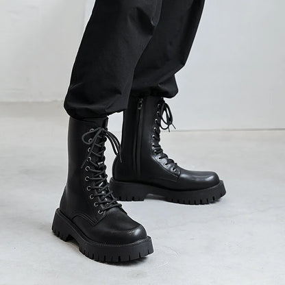 2025New Men's High-top Boots Punk Style Motorcycle Boots Classic Black Casual Leather Boot Lace Up Mid-Calf Platform Boots Botas