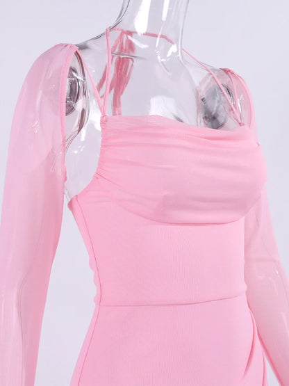 NewAsia Halter Flounce Sleeves Mesh Pink Dress Women Sexy Solid Backless Bandage Mini Vestido Summer Vacation Party Club