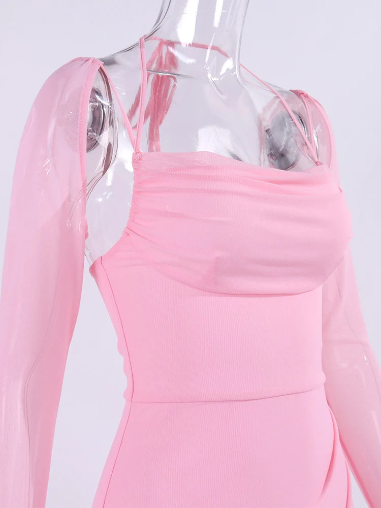 NewAsia Halter Flounce Sleeves Mesh Pink Dress Women Sexy Solid Backless Bandage Mini Vestido Summer Vacation Party Club