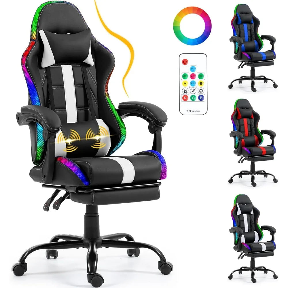 Massage Gaming Chair, Video Game Chair with LED Lights, Ergonomic Computer Chair with Footrest and Lumbar Support, Heig