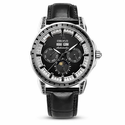 OBLVLO Men's Classic Watch with Colorful Diamonds Bezel Red Dial Mechanical Automatic Moonphase Multifunction Leather Strap GCM-MUT