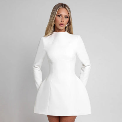 Women's New in dress novelty 2025 long sleeve Short dresses elegant party Casual Simple solid white black fashion Backless skirt - Kimlud