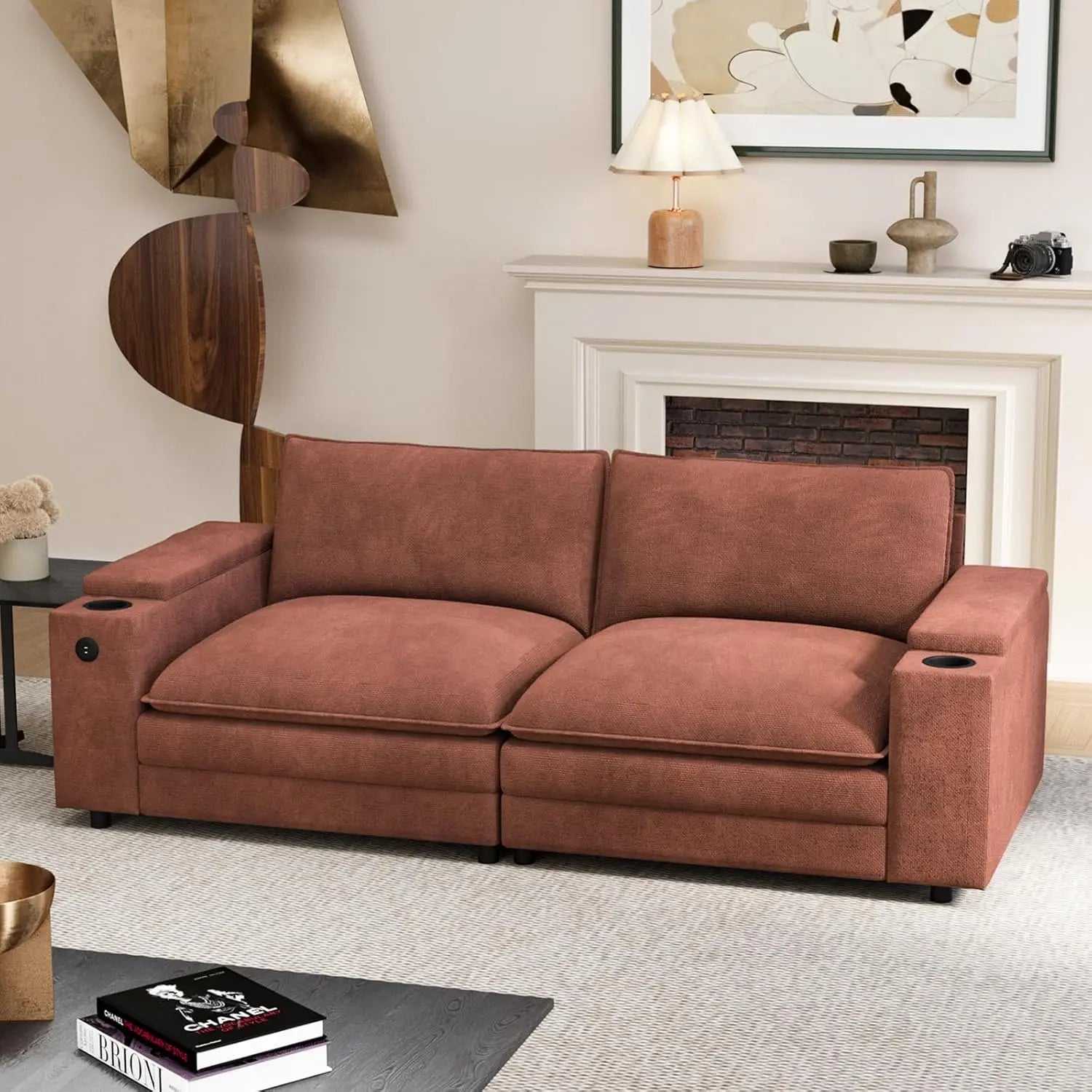 U-Shaped Sectional Sofa Ottoman Storage Armrest USB Ports Spring Cushion Solid Wood Chenille Living Room 115", Customized - Kimlud