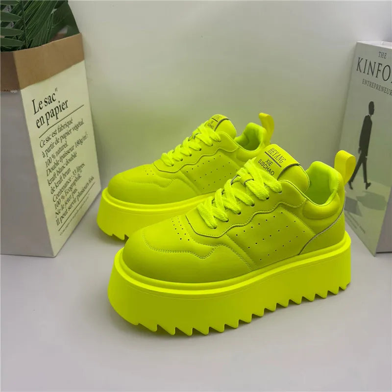 Designer Men's Fluorescent Green All Match Lace Up thick-soled Causal Shoes Male Brand Fashion Flats Moccasins Walking Sneakers