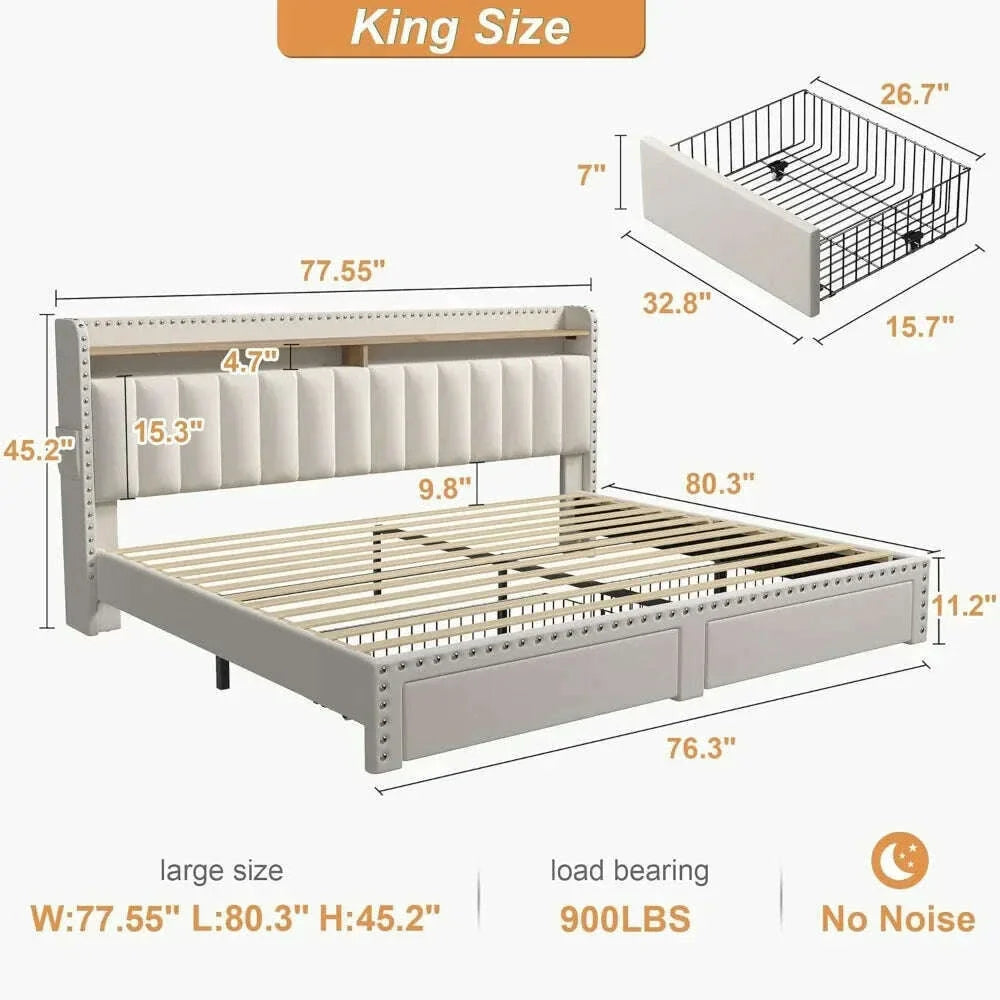 King Size Bed Frame with Storage and Headboard, Upholstered Kings Beds Frames with Storage, King Bed Frame with 2 Drawers