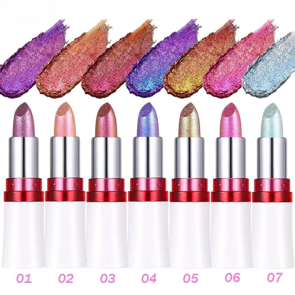 Rose Metallic Lipstick Glitter Lip Glaze Waterproof Long Lasting Moisturize Bright Red Pearlescent Shiny Lipgloss Makeup 6color