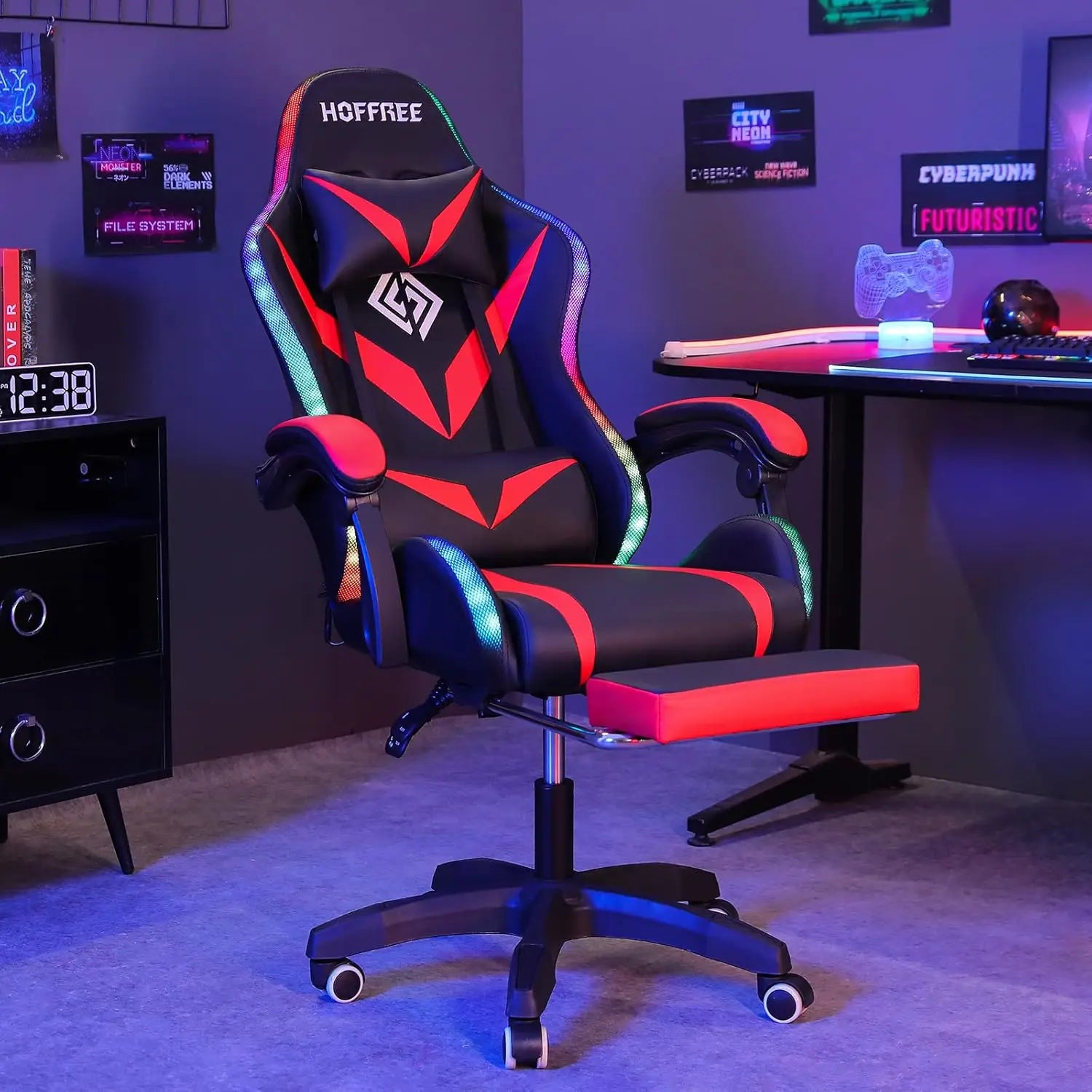 RGB Gaming Chair Bluetooth Speakers and LED Lights Ergonomic Massage Computer Game Chair with High Back Music Video Game Chair