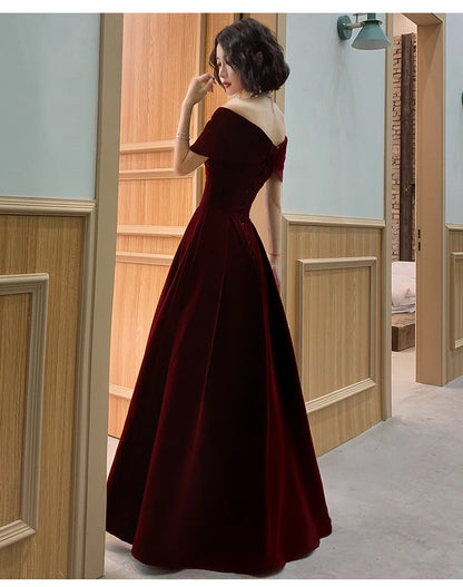 Lautaro Spring Long Luxury Elegant Wine Red Soft Velvet Evening Party Wedding Dresses for Women 2022 Off Shoulder Maxi...