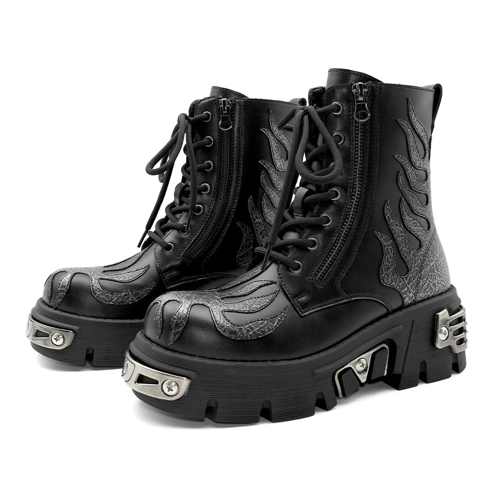 2025 New Punk Women Platform Ankle Boots Female's Rock Round Toe Lace Up Fashion Retro Chunky Shoes Metal Decor Short Boots