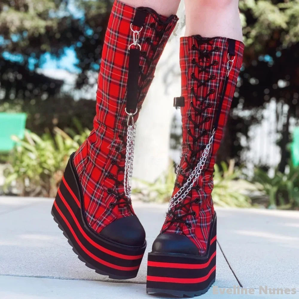 Canvas red Check Platform Knee high Boots Women Metal Chain Round Toe Wedges Cross Tied Lolita Heighten Shoes Lovely Sexy Boots