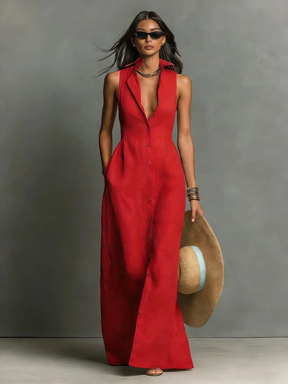 Women Maxi Dress Sleeveless Lapel Collar Button Down Shirt Dress With Pockets Deep V Neck Summer Beach Vacation Long Sundress