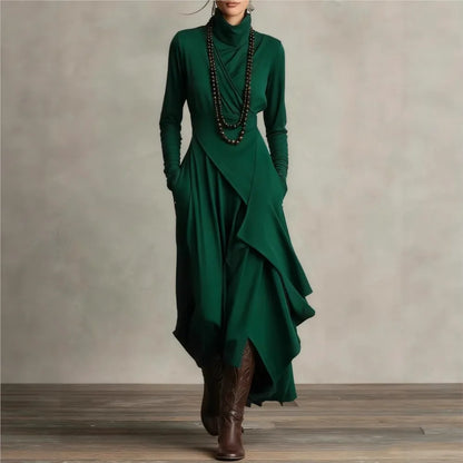 Irregular Dress Solid Color Long Sleeve Spring Autumn Women's New Cross High Neck Long Dress Vestidos Para Mujer Ropa Mujer