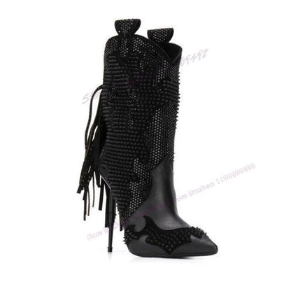 Black Tassel Crystal Decor Ankle Boots Pointed Toe Shoes for Women Thin High Heels Sexy Runway Shoes 2025 Zapatos Para Mujere