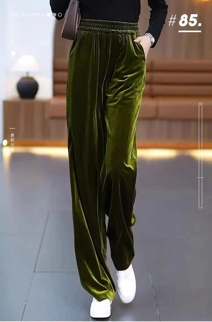 Korean Fashion Women Pleuche Pants Autumn Winter Elastic High Waist Solid Pockets Loose Office Lady Straight Wide Leg Trousers