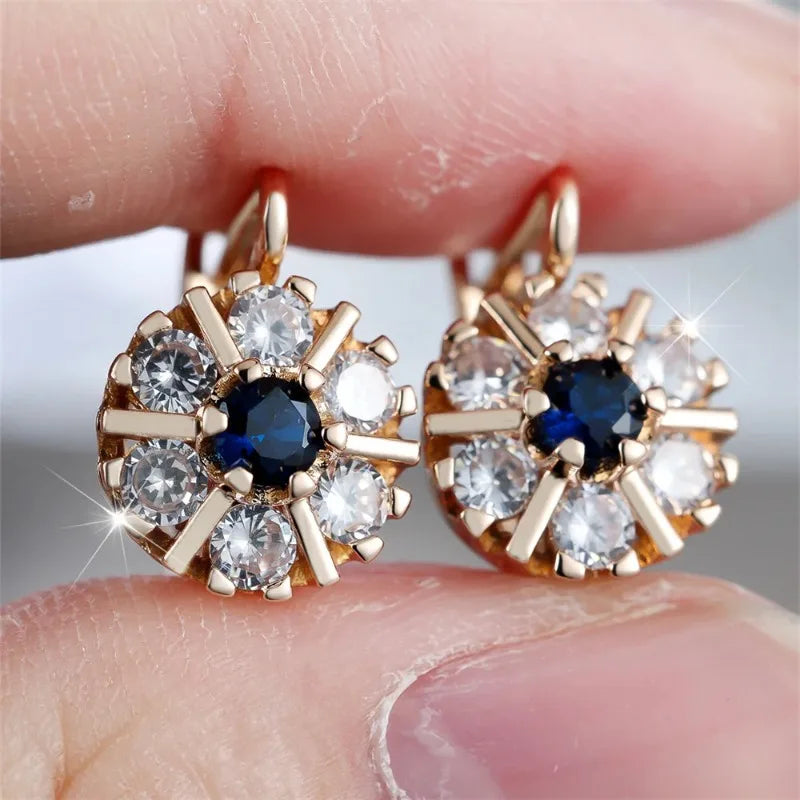 Fashion Blue Crystal White Zircon Flower Hoop Earrings for Women Vintage Gold Color Ear Buckle Wedding Jewelry...