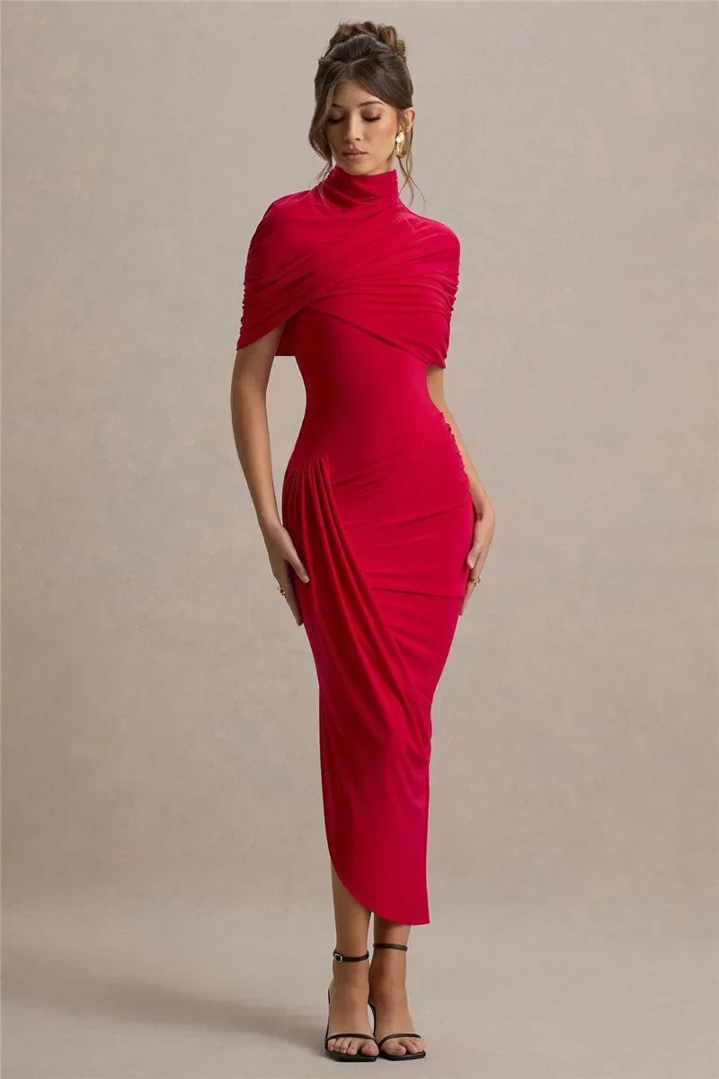 Half Sleeve Backless Ruched Sexy Maxi Dress Women Summer New Turtleneck Slim High Waist Evening Club Party Long Dress