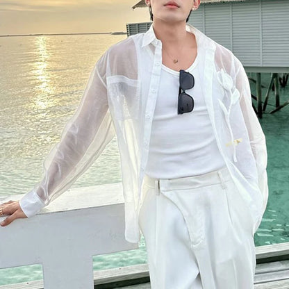 INCERUN Men Shirt Mesh Patchwork Transparent Lapel Long Sleeve Men Clothing Oversize Sexy 2025 Streetwear Unisex Shirts S-5XL