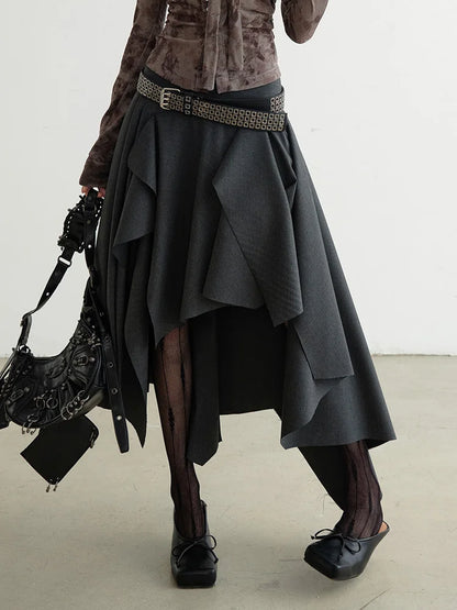 [EAM] High Waist Dark Gray Cut Style Burr Irregular Slit Half-body Skirt Women Fashion Tide New Spring Autumn 2026 1DH9336