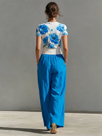 Yeezzi Women's Elegant Blue Floral Printed Matching Tops 2026 New Short Sleeves Round-Neck Slim Fit Casual Summer...