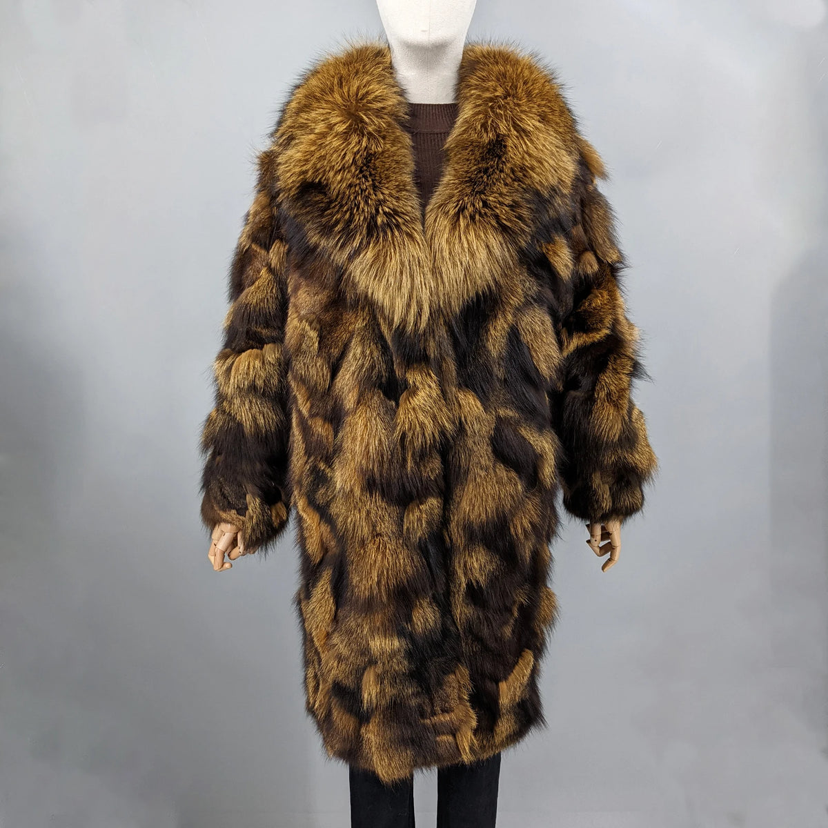 Women’s Genuine Real Fox Fur Patchwork Long Coat, Green‑Brown Color‑Block Wide Lapel Collar, Loose‑Fit Fluffy Luxury 260628