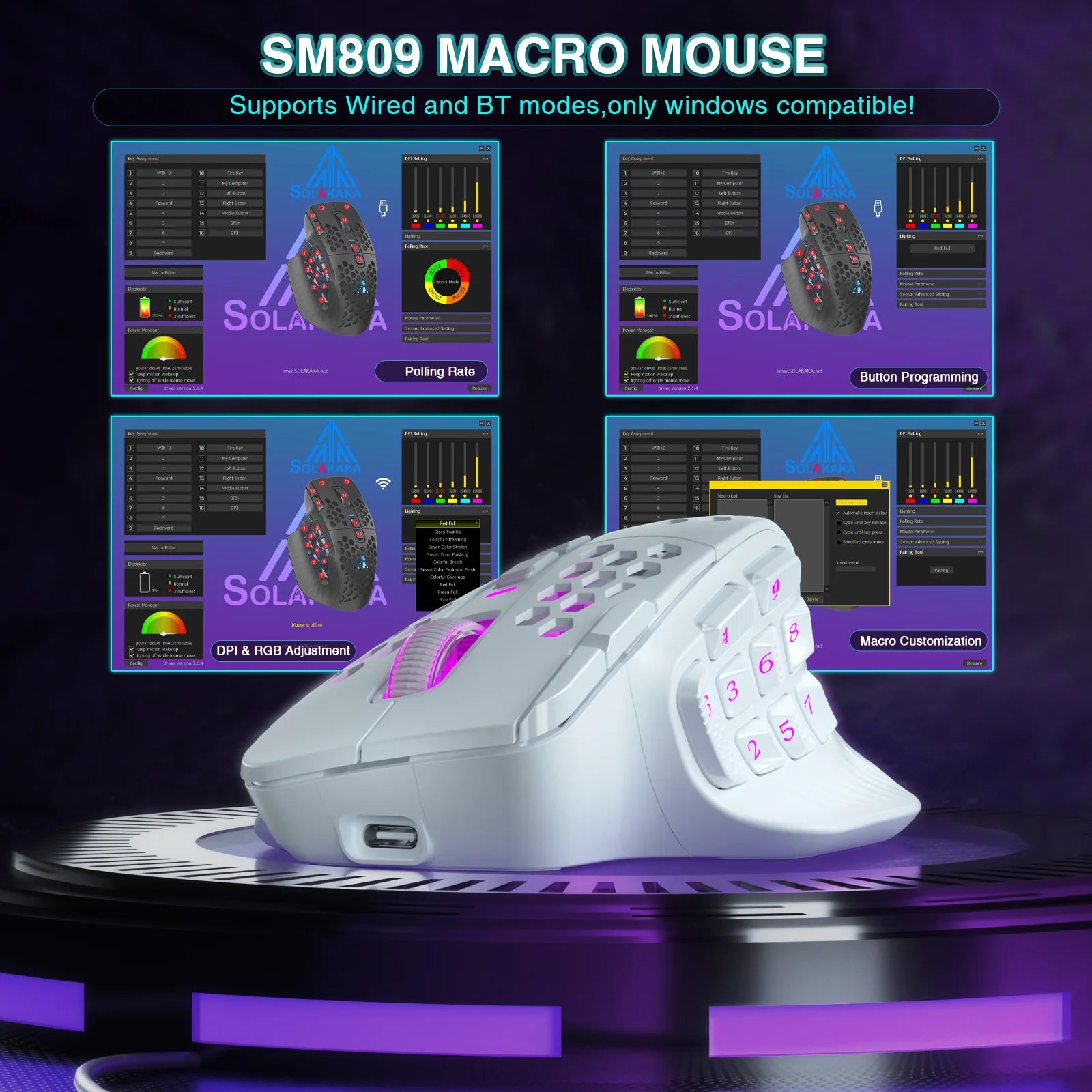 SOLAKAKA SM809 Pro Wireless MMO Gaming Mouse PAW3311 16 Side Buttons 24000 DPI RGB Honeycomb Programmable Macro Wireless mouse