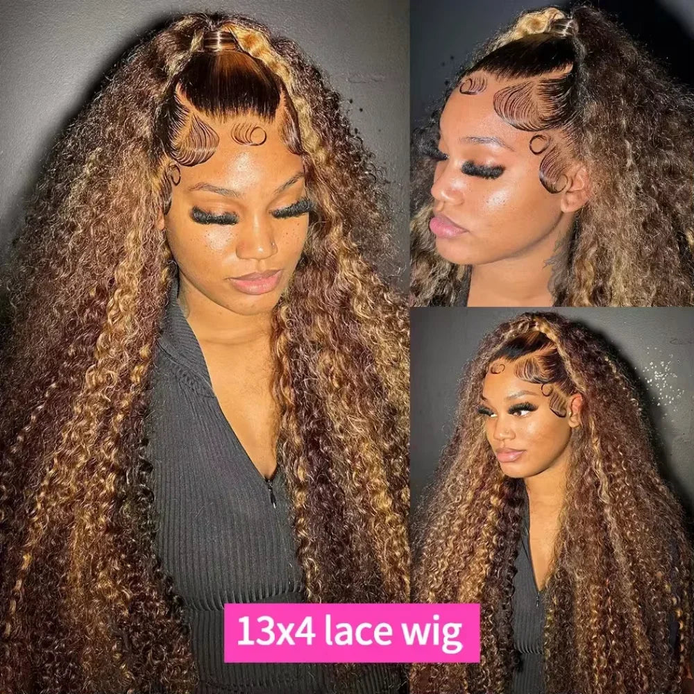 Highlight Wig Human Hair Ombre Deep Wave 13x6 HD Lace Frontal Wigs 4/27 Color Glueless Water Wave Curly Lace Front Wig 250 Density For Women ﻿