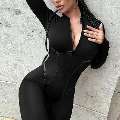 Black Sexy Skinny Jumpsuit Women Overalls O Neck Full Sleeve Zipper Sporty Jumpsuits Ladies Fashion Rompers One-Piece Streetwear - Kimlud