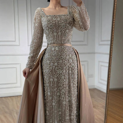 Serene Hill Customized Arabic Caramel Mermaid With Overskirt Beaded Evening Dresses Luxury Gowns For Formal Occasion...