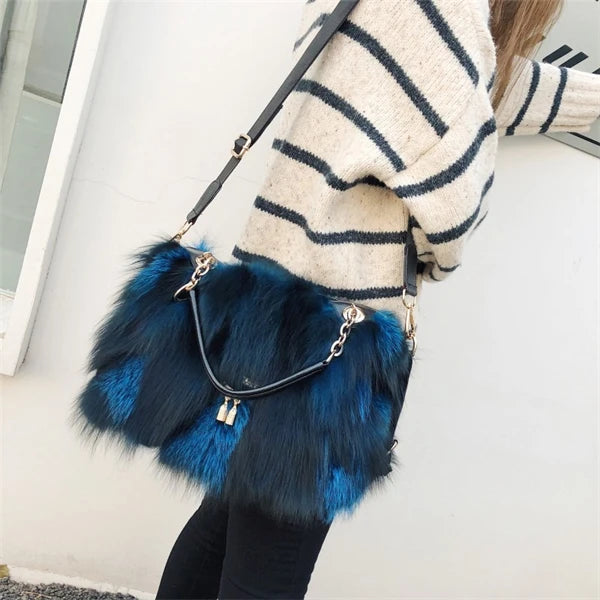 Fox Fur Women's Bag Fashion Large Capacity Furry Women's Handbag Designer Luxury Bag Handheld Crossbody High End Furry Bags Big