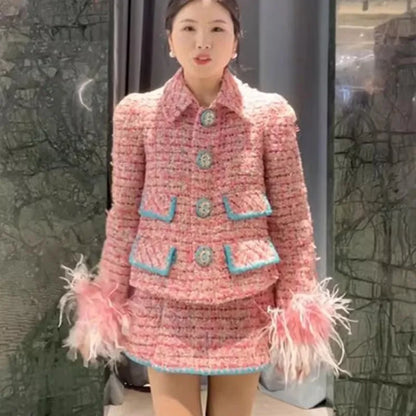 Women Auutmn Winter Sweet Feather Single Breasted Tweed Short Jacket High Waist A-Line Skirt Offce Ladies Fashion Two Piece Set